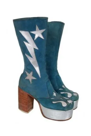 1970's Turquoise-Blue Suede & Silver Leather Novelty Glam-Rock Platform Boots