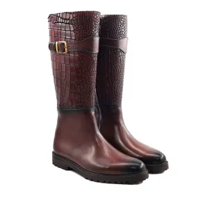 Benedi - Men's Oxblood Calf And Crocodile Printed Leather Boot