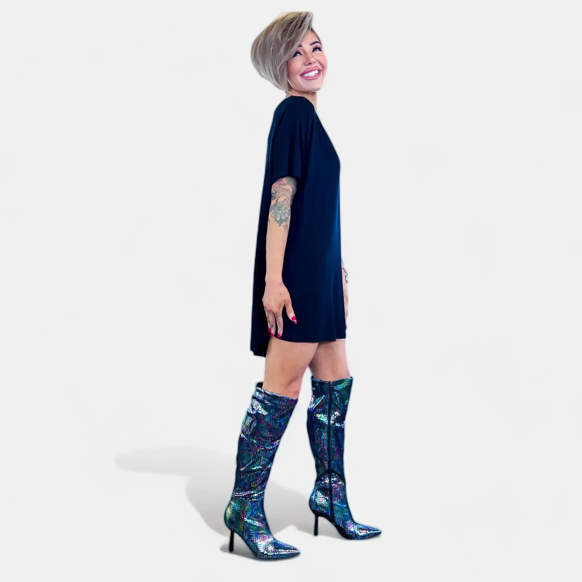 Black Iridescent Knee High Boots