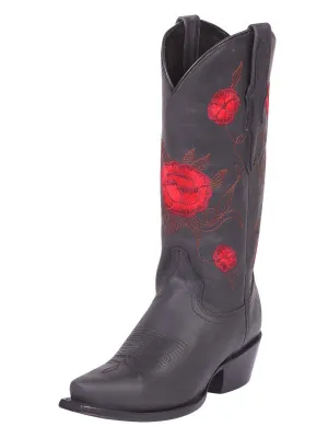 Botas Vaqueras Retro con Tubo Bordado de Flores de Piel Genuina para Mujer 'El General' - ID: 41908