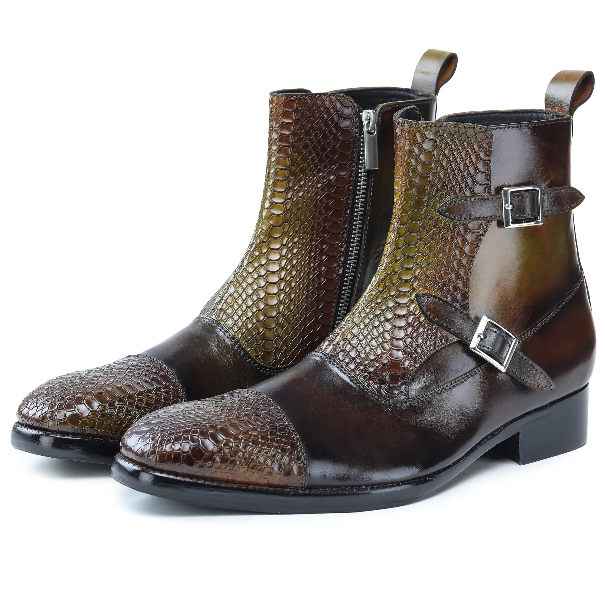 Captoe Double Monk Strap Zipper Boots - Olive