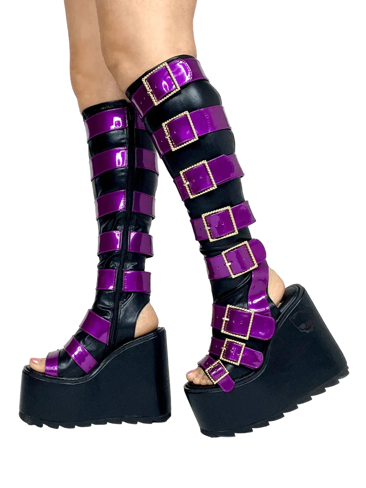 HOWLER BLACK/PURPLE OPEN TOE PLATFORM BOOTS