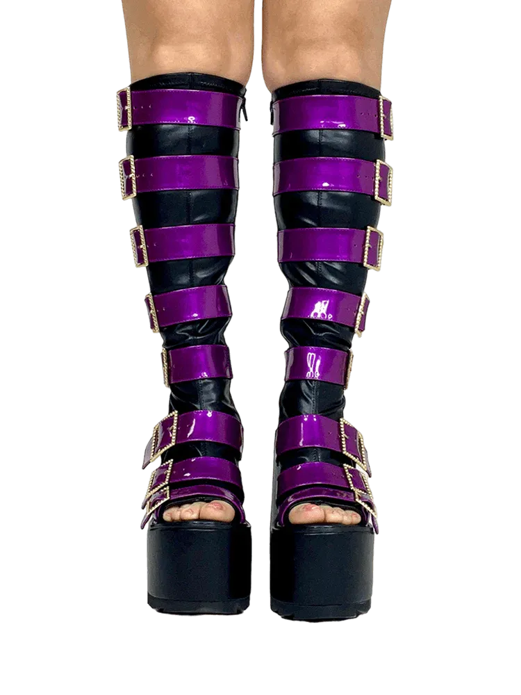 HOWLER BLACK/PURPLE OPEN TOE PLATFORM BOOTS