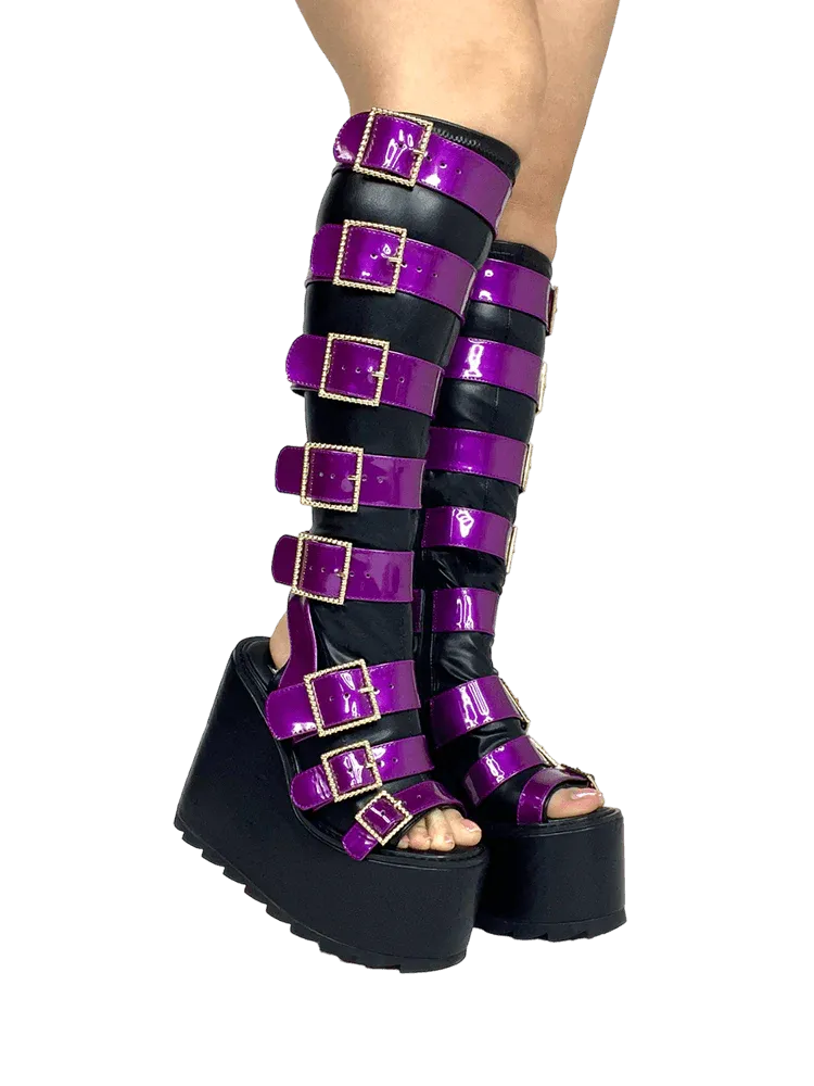 HOWLER BLACK/PURPLE OPEN TOE PLATFORM BOOTS