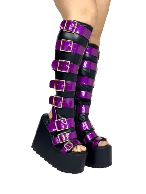 HOWLER BLACK/PURPLE OPEN TOE PLATFORM BOOTS