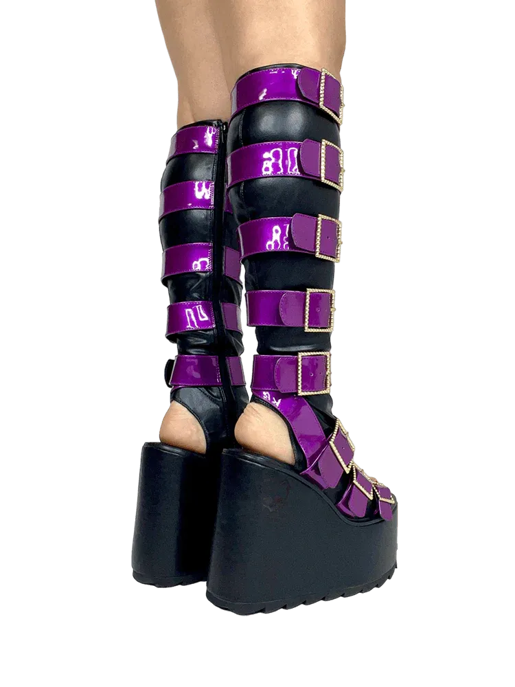 HOWLER BLACK/PURPLE OPEN TOE PLATFORM BOOTS