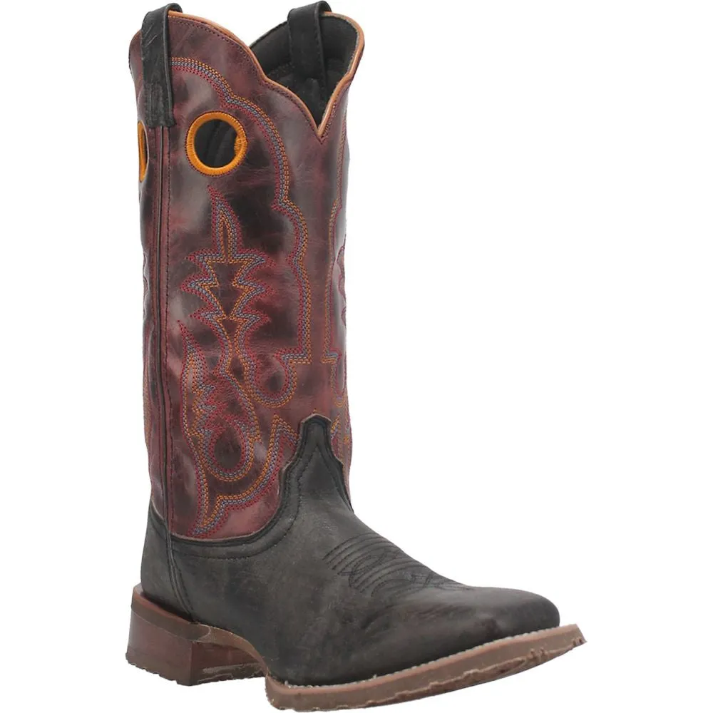 'Laredo' Men's Isaac Western Square Toe - Black  / Distressed Maroon