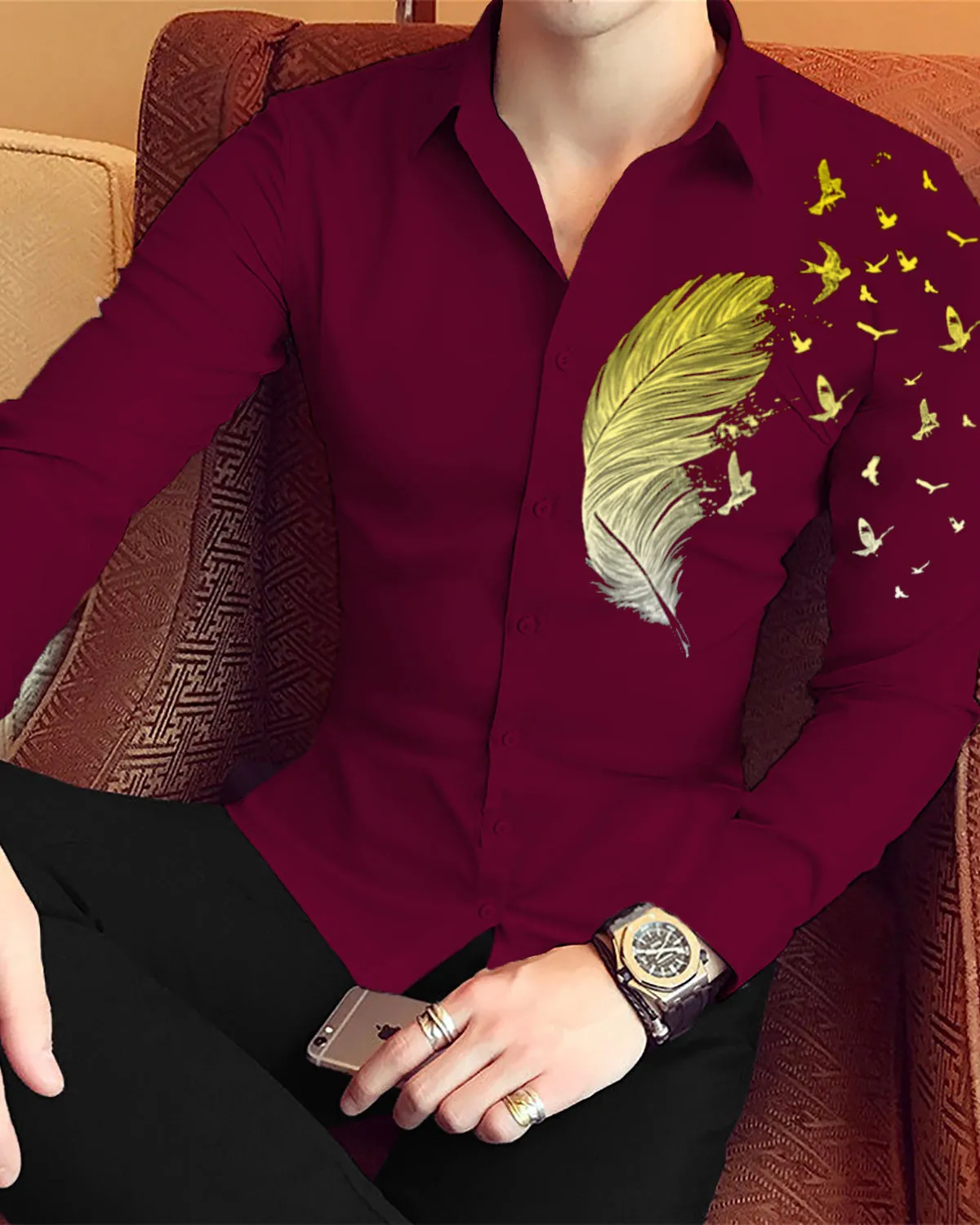 Men Printed Casual Maroon Shirt