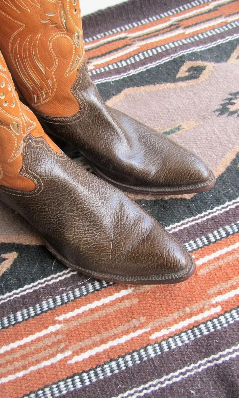 SPREAD YOUR WINGS 1960s Acme Two Tone & Gold Foil Inlay Men's Western Boots, Sz 12