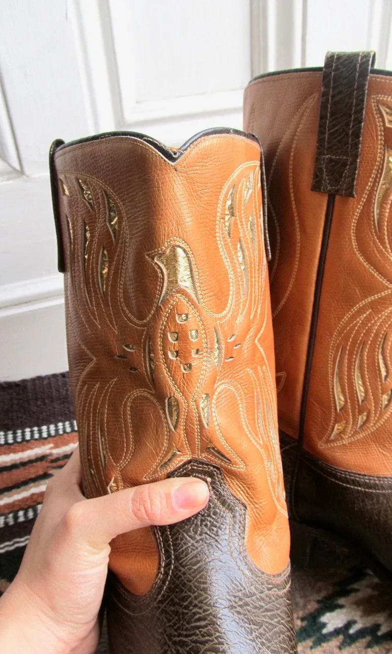 SPREAD YOUR WINGS 1960s Acme Two Tone & Gold Foil Inlay Men's Western Boots, Sz 12