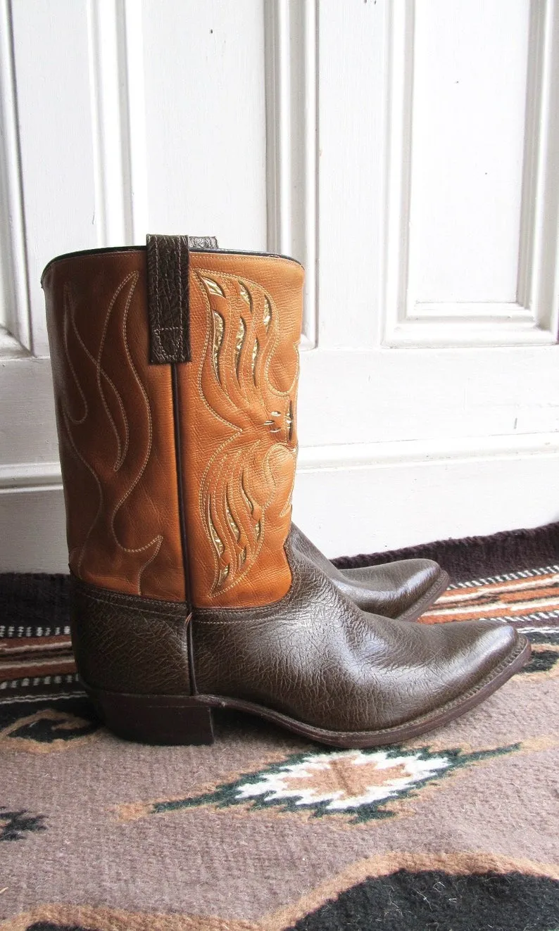 SPREAD YOUR WINGS 1960s Acme Two Tone & Gold Foil Inlay Men's Western Boots, Sz 12