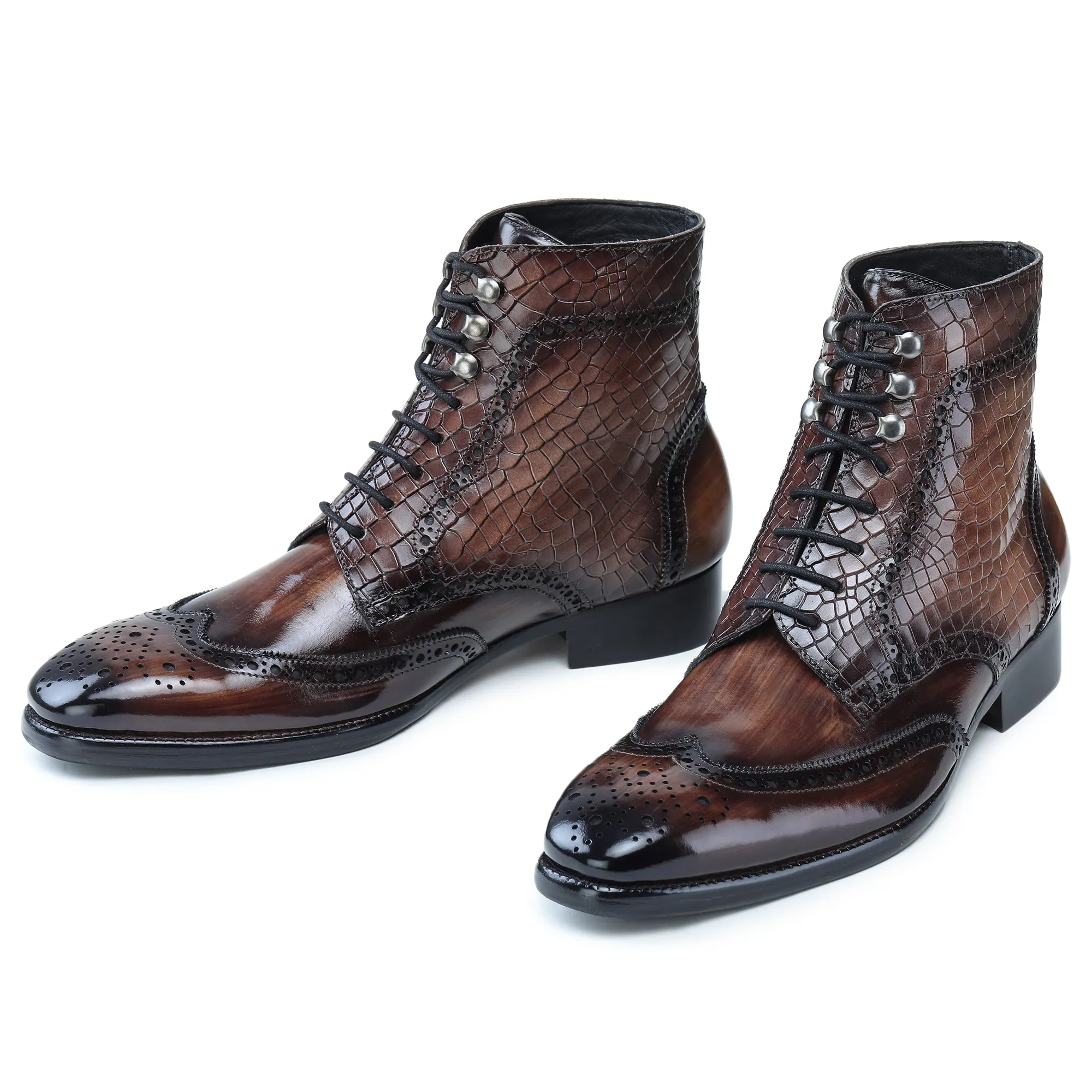 Wingtip Lace Up Boots- Croc Brown