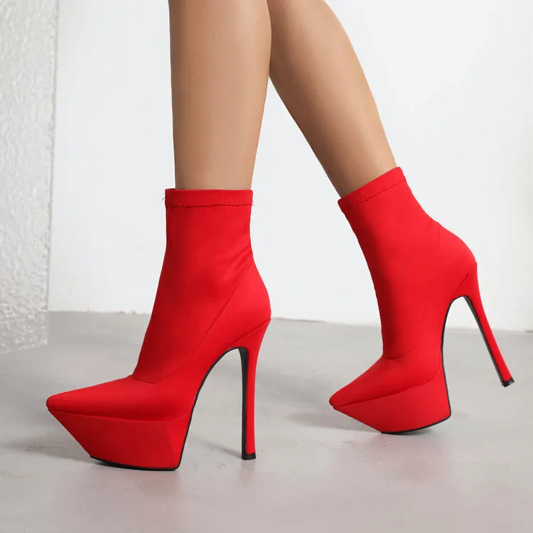 Women's Booties Stretch Pointed Toe Stiletto Heel Platform Short Boots