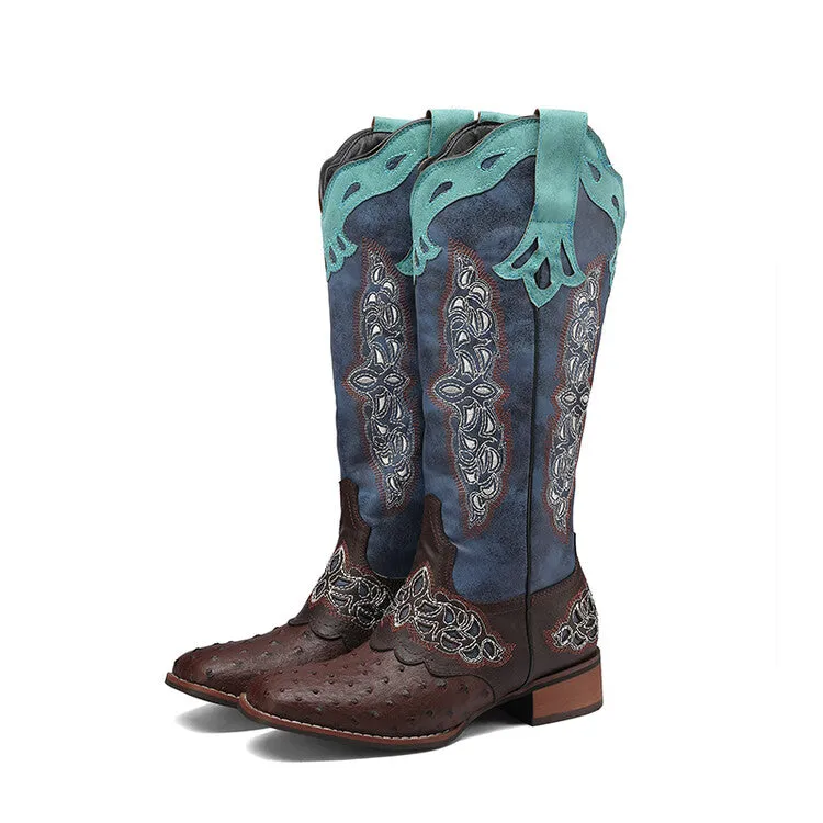 Women's Embroidery Puppy Heel Cowboy Knee High Boots