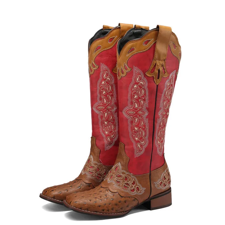 Women's Embroidery Puppy Heel Cowboy Knee High Boots