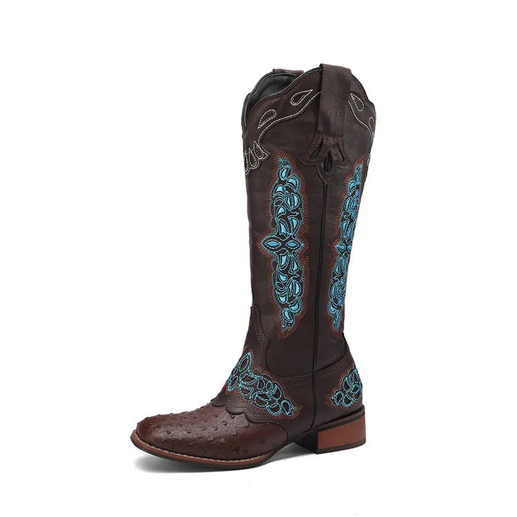 Women's Embroidery Puppy Heel Cowboy Knee High Boots